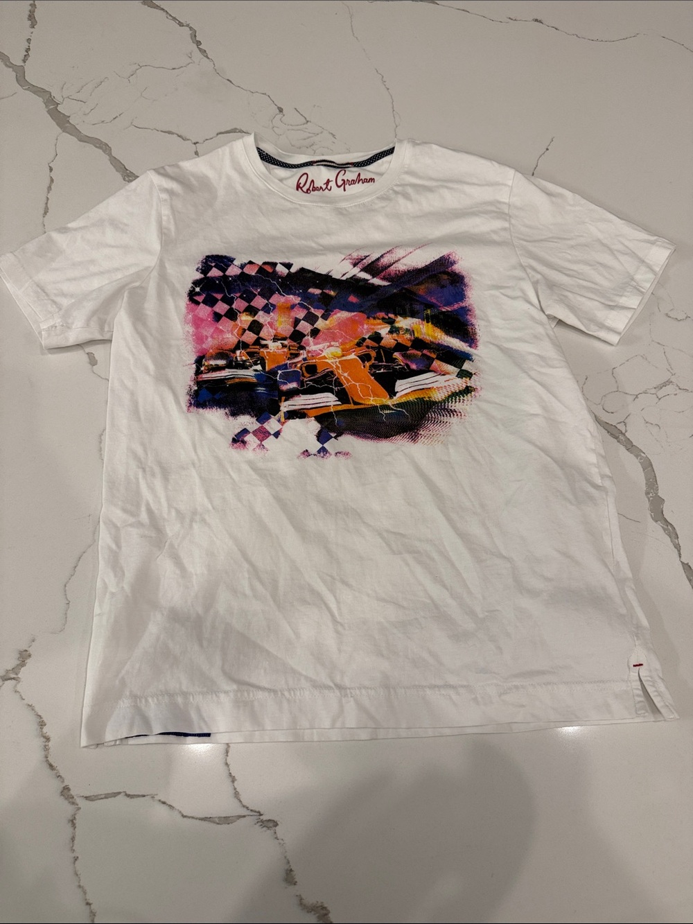 Robert Graham White Tee with Colorful Race Car Graphic